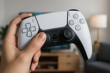 Das Bild zeigt einen PlayStation 5 Controller, der von einer Hand gehalten wird. Der Hintergrund ist verschwommen, und es scheint eine warme, orangefarbene Beleuchtung zu geben, die eine einladende und gemütliche Atmosphäre schafft. Der Fokus liegt auf dem Controller, der in einem modernen und eleganten Design gehalten ist, mit verschiedenen Tasten und einem Touchpad sichtbar. Die Handhaltung deutet darauf hin, dass der Controller bereit zum Spielen ist.