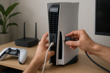 Auf dem Bild sieht man eine PlayStation 5, die auf einem Tisch steht. Eine Hand schließt ein HDMI-Kabel an die Konsole an, während eine andere Hand ein USB-Kabel in die Konsole steckt. Neben der PlayStation befindet sich ein weißer Controller. Im Hintergrund ist ein Router sichtbar und eine Pflanze steht auf dem Tisch. Die Szene zeigt eine typischen Setup-Prozess für die Nutzung der Konsole, um sicherzustellen, dass sie richtig angeschlossen und betriebsbereit ist.