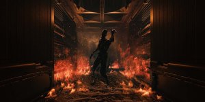 Das Bild zeigt eine düstere, dramatische Szenerie mit einem humanoiden Charakter in der Mitte, der von einem feurigen Hintergrund umgeben ist. Der Charakter hat eine unheimliche Pose und scheint in einer bedrohlichen Umgebung zu stehen, die an eine futuristische oder post-apokalyptische Welt erinnert. Die Kombination aus Schatten und Licht erzeugt eine spannungsgeladene Atmosphäre, die sowohl Angst als auch Neugier hervorruft. Die Details in der Umgebung und die texturierte Darstellung der Flammen unterstreichen das Gefühl der Gefahr und des Unbekannten.