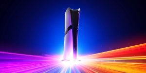 Das Bild zeigt eine PlayStation 5, die in einem futuristischen Stil inszeniert ist. Die Konsole steht vertikal und wird von einem hellen Lichtstrahl umgeben, der in verschiedenen Farben wie Pink, Orange und Blau strahlt. Der Hintergrund ist dunkel, was die Konsole und die Leuchteffekte hervorhebt, und es vermittelt eine dynamische und moderne Atmosphäre. Diese Darstellung könnte ein Gefühl von Energie und Innovation symbolisieren, passend zur neuesten Technologie im Gaming-Bereich.