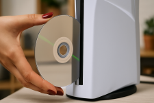 Auf dem Bild ist eine Hand zu sehen, die gerade dabei ist, eine CD in eine Konsole einzuführen. Die Konsole hat eine moderne, weiße Gestaltung und befindet sich auf einer Oberfläche. Die CD wird gerade an das Laufwerk herangeführt, während die Hand mit einer gepflegten Maniküre den Vorgang durchführt. Die Szene vermittelt ein Gefühl von Technik und Gaming, passend zum Thema der PlayStation 5 und der Nutzung von Spielen.