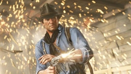Das Bild zeigt eine dynamische Szene aus einem Videospiel, in der ein Charakter mit einem Revolver zu sehen ist. Er trägt einen schwarzen Hut, ein blaues Hemd und einen Schal, was auf einen Western- oder cowboyartigen Stil hindeutet. Um ihn herum sind funkelnde Partikel und ein verschwommener Hintergrund, der den Eindruck von Bewegung und Aktion vermittelt. Die Atmosphäre wirkt intensiv und spannend, was auf eine kritische Situation im Spiel hinweist.