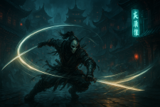 Das Bild zeigt eine dynamische Szene aus einem Action-RPG, in der ein maskierter Krieger mit einem energisch geschwungenen Schwert in einer düsteren, von asiatischer Architektur geprägten Umgebung steht. Umgeben von einer geheimnisvollen Atmosphäre, spiegelt sich die Kombination aus Steampunk-Elementen und traditioneller Kampfkunst wider. Die Lichtverhältnisse im Hintergrund betonen die Details des Charakters und der Umgebung, während eine leuchtende Schrift an einer Wand zusätzliche Tiefe schafft und die Spannung der Situation unterstreicht.