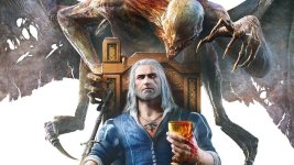 Das Bild zeigt eine beeindruckende Szene aus der Welt von The Witcher. Im Vordergrund sitzt eine markante Figur mit langen, grauen Haaren und einem ernsten Gesichtsausdruck. Er hält einen goldenen Becher in der Hand und wirkt nachdenklich. Hinter ihm schwebt eine drohende Kreatur mit langen Gliedmaßen und einem bedrohlichen Ausdruck, die auf die Figur zuzutreiben scheint. Der gesamte Hintergrund vermittelt eine mystische und leicht unheimliche Atmosphäre, die die fantasy-lastige Stimmung des Spiels unterstreicht.