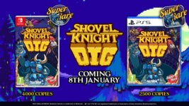 Das Bild zeigt die physische Edition des Spiels Shovel Knight Dig für die Nintendo Switch und die PlayStation 5. Auf der linken Seite ist die Verpackung für die Switch abgebildet, während die rechte Seite die Version für die PS5 zeigt. Beide Cover präsentieren den ikonischen blauen Shovel Knight und sind im charakteristischen Retro-Pixel-Stil gestaltet. Der Text im Bild hebt das Veröffentlichungsdatum am 8. Januar 2026 hervor, sowie die limitierte Verfügbarkeit mit 4000 Kopien für die Switch und 2500 für die PS5. Der farbenfrohe Hintergrund verstärkt den nostalgischen Eindruck und schürt die Vorfreude auf das Spiel.