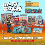 Das Bild zeigt die Project Armstrong Edition des Spiels Hi-Fi Rush. Im Vordergrund sind verschiedene Elemente der Edition angeordnet, darunter eine hübsch gestaltete Präsentationsbox, ein Hardcover-Artbook mit Kunstwerken des Spiels, eine 8-Zoll große Plüschfigur und eine 6-Zoll Nachbildung einer Gitarre. Ebenso sind der Project Armstrong Pass und ein großer Glow-in-the-dark Pin zu sehen. Im Hintergrund erkennt man die Spielhüllen für PS5 und Xbox. Das gesamte Paket ist farbenfroh gestaltet und vermittelt ein Gefühl von Kreativität und Energie, passend zum Rhythmus-Action-Genre des Spiels.