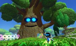 Das Bild zeigt eine farbenfrohe und lebendige Spielwelt, in der ein kleiner, niedlicher Roboter namens Astro vor einem großen, freundlichen Baum steht. Der Baum hat leuchtende, blaue Augen und wirkt auf eine verspielte Weise animiert, während der Boden mit bunten Blumen geschmückt ist. Im Hintergrund sind gepflegte grüne Wiesen und weitere Bäume zu sehen, die zur fröhlichen, einladenden Atmosphäre beitragen. Diese Szene vermittelt ein Gefühl von Abenteuer und Entdeckungsfreude, das typisch für ein Plattformspiel ist.