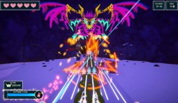 Das Bild zeigt eine dynamische Szene aus dem Spiel Fresh Tracks. Im Vordergrund sehen wir eine Spielfigur, die in einem futuristischen Umfeld agiert, während sie gegen einen mächtigen, bunten Drachenanführer kämpft. Der Drache ist in lebhaften Farben wie Pink und Blau dargestellt, was die-action geladene Stimmung unterstreicht. Aus der Spielfigur strahlen visuelle Effekte in Form von bunten Lichtstrahlen aus, die die Intensität des Spiels betonen. Insgesamt vermittelt die Szene ein Gefühl von Energie und Rhythmus, passend zu dem Konzept des Spiels.