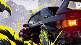 Das Bild zeigt ein stilisiertes Rennspiel-Visual, das stark von urbaner Kunst inspiriert ist. Im Vordergrund ist ein auffälliges Auto zu sehen, das in einer dynamischen Position abgebildet ist, als ob es gerade beschleunigt. Die Farbgestaltung ist lebhaft, mit starken Kontrasten aus Schwarz, Gelb und Grau, die eine energiegeladene Atmosphäre schaffen. Im Hintergrund erkennt man stilisierte Stadtelemente, die die urbane Rennumgebung widerspiegeln und das Gefühl von Geschwindigkeit und Abenteuer hervorrufen. Das Gesamtbild vermittelt einen modernen und aufregenden Vibe, der die Spieler anspricht.