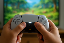 Das Bild zeigt einen PS5 DualSense Controller, der von beiden Händen gehalten wird. Der Controller hat ein modernes Design in Weiß und Schwarz, mit sichtbaren Tasten und dem charakteristischen Touchpad in der Mitte. Im Hintergrund erkennt man einen Fernseher, dessen Bildschirm teilweise unscharf ist und eine bunte Grafik zeigt. Dieses Setup vermittelt eine gemütliche Gaming-Atmosphäre und deutet darauf hin, dass der Nutzer bereit ist, ein Spiel zu starten.