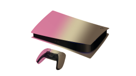Das Bild zeigt eine PlayStation 5 mit einer auffälligen, kräftigen Farbgestaltung in einem Farbverlauf, der von Pink zu Gold übergeht. Der elegante, futuristische Look der Konsole wird durch ihren schlichten Grundkörper in Schwarz ergänzt. Zudem liegt ein passender Controller neben der Konsole, der ebenfalls in diesem auffälligen Farbverlauf gestaltet ist. Dieses Design hebt sich deutlich von der traditionellen Farbgebung ab und betont den Wunsch nach Kreativität und Individualität in der Gaming-Welt.
