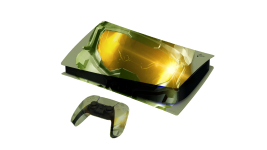 Das Bild zeigt eine PlayStation 5, die in einem auffälligen Master Chief Green-Design gestaltet ist. Die Konsole hat glatte, glänzende Oberflächen mit metallic-grünen und goldenen Akzenten, die eine futuristische und ansprechende Ästhetik verleihen. Neben der Konsole liegt ein dazu passender Controller, der ebenfalls in diesem Farbton gehalten ist. Das gesamte Design ist auf ein modernes und energiegeladenes Gaming-Erlebnis ausgelegt und hebt sich deutlich von traditionellen Konsolen ab.