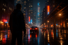 Das Bild zeigt eine düstere Stadtlandschaft bei Nacht, in der der Regen auf dem Straßenbelag reflektiert wird. Im Vordergrund steht eine Figur, deren Gesicht nicht sichtbar ist, aber die mit einem schwarzen Hoodie bekleidet ist. Hinter ihr sind Autos zu sehen, die in der regnerischen Umgebung fahren. Die Lichter der Stadt leuchten hell und erzeugen eine lebendige Atmosphäre, während die neonfarbenen Schilder und die beleuchteten Fenster der Gebäude einen futuristischen Eindruck vermitteln. Das Zusammenspiel von Licht und Wasser verstärkt die Stimmung und lässt die Szene äußerst realistisch wirken. Das Bild zeigt eine düstere Stadtlandschaft bei Nacht, in der der Regen auf dem Straßenbelag reflektiert wird. Im Vordergrund steht eine Figur, deren Gesicht nicht sichtbar ist, aber die mit einem schwarzen Hoodie bekleidet ist. Hinter ihr sind Autos zu sehen, die in der regnerischen Umgebung fahren. Die Lichter der Stadt leuchten hell und erzeugen eine lebendige Atmosphäre, während die neonfarbenen Schilder und die beleuchteten Fenster der Gebäude einen futuristischen Eindruck vermitteln. Das Zusammenspiel von Licht und Wasser verstärkt die Stimmung und lässt die Szene äußerst realistisch wirken.
