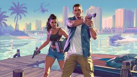 Das Bild zeigt zwei Charaktere aus dem Spiel GTA 6. Die Protagonistin steht links, trägt eine schwarze Tanktop und kurze Jeans, während sie eine Waffe in der Hand hält. Der Protagonist rechts hat ein offenes Hemd und richtet ebenfalls eine Waffe auf die Kamera. Sie stehen am Ufer eines Gewässers, umgeben von einer Stadtlandschaft mit Hochhäusern und palmengesäumten Ufern. Im Hintergrund ist ein Polizeiboot zu sehen, das über das Wasser fährt. Die gesamte Szene vermittelt eine dynamische und spannende Atmosphäre, die den typischen Stil der Grand Theft Auto-Reihe widerspiegelt.
