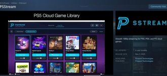 Das Bild zeigt die Benutzeroberfläche der App PSStream, die es ermöglicht, PS5- und PS4-Spiele aus einer Cloud-Spielbibliothek zu streamen. Auf der linken Seite sind verschiedene Spiele zu sehen, die verfügbar sind, wie Fortnite und Destiny 2. Die Schriftart ist modern und die Farben sind lebhaft, was einen ansprechenden visuellen Eindruck vermittelt. Es wird deutlich, dass die App eine Lösung für Gamer ist, die ihre Spiele ohne eine Konsole spielen möchten, und sie ist direkt über Steam erhältlich.