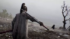 Das Bild zeigt eine düstere, atmosphärische Szene. Im Vordergrund steht eine Figur mit einer langen Klinge, die sich in einer kämpferischen Haltung befindet. Die Umgebung ist eine langgestreckte Wiese, bedeckt mit Pflanzen, die in kühlem, grauem Licht erstrahlen. Im Hintergrund sind schemenhafte Silhouetten von weiteren Figuren oder Bäumen zu sehen, was die mysteriöse Stimmung der Szene verstärkt. Die Komposition vermittelt ein Gefühl von Spannung und Erwartung, während die triste Farbpalette die düstere Stimmung unterstreicht.