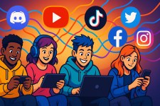 Das Bild zeigt eine Gruppe von vier Jugendlichen, die zusammen sitzen und verschiedene Geräte benutzen. Der Junge links hält ein Smartphone, während das Mädchen daneben ein Tablet in der Hand hat. In der Mitte sitzt ein weiterer Junge mit einem Laptop, und das Mädchen rechts schaut auf ihr Smartphone. Im Hintergrund sind die Logos bekannter Social-Media-Plattformen wie Discord, YouTube, TikTok, Twitter, Facebook und Instagram abgebildet, die durch bunte Linien miteinander verbunden sind. Die gesamte Szene strahlt eine freundliche und dynamische Atmosphäre aus, die das Zusammenspiel von Gaming und sozialen Medien verdeutlicht.