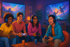 Das Bild zeigt eine Gruppe von vier Freunden, die gemeinsam an einem Sofa sitzen und Videospiele spielen. Alle tragen Kopfhörer und sind in spielerische Aktivitäten vertieft, während sie lachen und sich austauschen. Der Raum ist in dunklen Tönen gehalten und wird von den bunten Lichtern der Bildschirme erhellt, auf denen eine farbenfrohe Spielszene zu sehen ist. Auf dem Tisch vor ihnen stehen mehrere Dosen Getränke. Die Atmosphäre wirkt entspannt und freundlich, was den sozialen Aspekt des gemeinsamen Gamings unterstreicht. Das Bild zeigt eine Gruppe von vier Freunden, die gemeinsam an einem Sofa sitzen und Videospiele spielen. Alle tragen Kopfhörer und sind in spielerische Aktivitäten vertieft, während sie lachen und sich austauschen. Der Raum ist in dunklen Tönen gehalten und wird von den bunten Lichtern der Bildschirme erhellt, auf denen eine farbenfrohe Spielszene zu sehen ist. Auf dem Tisch vor ihnen stehen mehrere Dosen Getränke. Die Atmosphäre wirkt entspannt und freundlich, was den sozialen Aspekt des gemeinsamen Gamings unterstreicht.