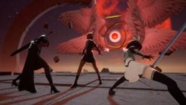 Das Bild zeigt eine actionreiche Szene aus dem Spiel Kernel Hearts. Drei Charaktere sind in einer dynamischen Pose dargestellt, sie scheinen sich kurz vor einem Angriff zu befinden. Ihre Umgebung ist präsent und futuristisch, mit beeindruckenden visuellen Effekten im Hintergrund. Das zentrale Element im Bild ist ein großer, bedrohlicher Gegner, der überwacht wird. Die Charaktere sind stilvoll und mit verschiedenen Waffen ausgestattet, was auf die aufregenden Kämpfe im Spiel hinweist. Das Gesamtbild vermittelt eine Atmosphäre von Spannung und Teamarbeit im Kampf gegen übermächtige Feinde.