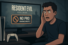Das Bild zeigt einen besorgten jungen Mann, der vor einem Bildschirm sitzt, auf dem der Titel Resident Evil Village zu sehen ist. Eine deutliche rote Markierung mit der Aufschrift No Pro Enhancements weist darauf hin, dass die speziellen Verbesserungen für die PS5 Pro entfernt wurden. Der Mann betrachtet den Bildschirm mit einem alarmierten Gesichtsausdruck, was seine Verunsicherung über die Situation deutlich macht. Neben dem Bildschirm steht eine PS5-Konsole und der Raum wirkt dunkel, was die ernste Stimmung unterstreicht. Das Bild zeigt einen besorgten jungen Mann, der vor einem Bildschirm sitzt, auf dem der Titel Resident Evil Village zu sehen ist. Eine deutliche rote Markierung mit der Aufschrift No Pro Enhancements weist darauf hin, dass die speziellen Verbesserungen für die PS5 Pro entfernt wurden. Der Mann betrachtet den Bildschirm mit einem alarmierten Gesichtsausdruck, was seine Verunsicherung über die Situation deutlich macht. Neben dem Bildschirm steht eine PS5-Konsole und der Raum wirkt dunkel, was die ernste Stimmung unterstreicht.