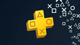 Das Bild zeigt das PS Plus Logo auf einem dunklen Hintergrund. Das Logo ist gelb und hat die Form eines Pluszeichens, das mit verschiedenen symbolischen Spielformationen kombiniert ist. Um das Logo herum sind geometrische Formen in verschiedenen Farben und Größen angeordnet. Diese Formen repräsentieren die bekannten Symbole von PlayStation, darunter Kreise, Kreuze, Dreiecke und Quadrate, die in einem dynamischen Muster angeordnet sind.