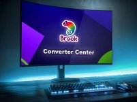 Das Bild zeigt einen Computer-Monitor, auf dem die Benutzeroberfläche des Brook Converter Center zu sehen ist. Der Hintergrund ist bunt gestaltet und enthält das Brook-Logo zusammen mit dem Schriftzug Converter Center. Der Monitor steht auf einem schlichten Tisch, der mit einer beleuchteten Tastatur und einer Maus ausgestattet ist. Die gesamte Szene vermittelt einen modernen Gaming- oder Technik-Style, während die Beleuchtung im Hintergrund eine dynamische Atmosphäre schafft. Das Bild zeigt einen Computer-Monitor, auf dem die Benutzeroberfläche des Brook Converter Center zu sehen ist. Der Hintergrund ist bunt gestaltet und enthält das Brook-Logo zusammen mit dem Schriftzug Converter Center. Der Monitor steht auf einem schlichten Tisch, der mit einer beleuchteten Tastatur und einer Maus ausgestattet ist. Die gesamte Szene vermittelt einen modernen Gaming- oder Technik-Style, während die Beleuchtung im Hintergrund eine dynamische Atmosphäre schafft.