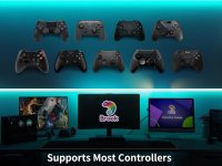 Das Bild zeigt eine moderne Gaming-Umgebung, in der verschiedene Controller angeordnet sind, darunter PS4, Xbox und andere. Im Hintergrund sind zwei Monitore zu sehen, die mit Gaming-Inhalten gefüllt sind. Die gesamte Szene wird von einem sanften blauen Licht beleuchtet, das eine angenehme Stimmung erzeugt. Auf einem der Monitore ist das Logo des Herstellers Brook zu erkennen, zusammen mit der Software Converter Center, die zur Anpassung der Controller verwendet werden kann. Die Anordnung der Controller und die technische Ausstattung vermitteln einen Eindruck von Vielseitigkeit und Funktionalität im Gaming-Bereich. Das Bild zeigt eine moderne Gaming-Umgebung, in der verschiedene Controller angeordnet sind, darunter PS4, Xbox und andere. Im Hintergrund sind zwei Monitore zu sehen, die mit Gaming-Inhalten gefüllt sind. Die gesamte Szene wird von einem sanften blauen Licht beleuchtet, das eine angenehme Stimmung erzeugt. Auf einem der Monitore ist das Logo des Herstellers Brook zu erkennen, zusammen mit der Software Converter Center, die zur Anpassung der Controller verwendet werden kann. Die Anordnung der Controller und die technische Ausstattung vermitteln einen Eindruck von Vielseitigkeit und Funktionalität im Gaming-Bereich.