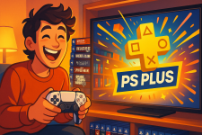 Das Bild zeigt einen fröhlichen Spieler, der in einem gemütlichen Raum mit einer PlayStation 5 und einem Controller sitzt. Er lächelt begeistert, während er auf den Bildschirm schaut, der das Logo von PS Plus präsentiert. Im Hintergrund sind Spielesammlungen sichtbar, darunter Titel wie Ghost of Tsushima und The Last of Us. Die Umgebung wirkt warm und einladend, was die Freude am Gaming unterstreicht. Das Bild vermittelt ein Gefühl von Begeisterung und der unendlichen Möglichkeit, neue Spiele zu entdecken.