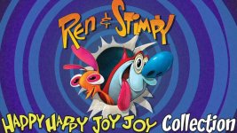 Das Bild zeigt die Titelgrafik der Ren & Stimpy Happy, Happy, Joy, Joy Collection. Im Vordergrund sind die charakteristischen Figuren Ren und Stimpy zu sehen, die aus einem Loch in einer Wand herausblicken. Die Farben sind lebhaft und die Grafik vermittelt sofort ein Gefühl von Nostalgie und Humor. Der Schriftzug der Kollektion ist auffällig in einer verspielten Schriftart gestaltet und unterstreicht den Retro-Charakter des Spiels. Der Hintergrund ist in einem spiralförmigen Muster gehalten, das die Verschmelzung von Alt und Neu betont. Das Bild zeigt die Titelgrafik der Ren & Stimpy Happy, Happy, Joy, Joy Collection. Im Vordergrund sind die charakteristischen Figuren Ren und Stimpy zu sehen, die aus einem Loch in einer Wand herausblicken. Die Farben sind lebhaft und die Grafik vermittelt sofort ein Gefühl von Nostalgie und Humor. Der Schriftzug der Kollektion ist auffällig in einer verspielten Schriftart gestaltet und unterstreicht den Retro-Charakter des Spiels. Der Hintergrund ist in einem spiralförmigen Muster gehalten, das die Verschmelzung von Alt und Neu betont.