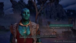 Das Bild zeigt einen Charakter aus dem Spiel Avowed, der als Aumaua beschrieben wird. Der Charakter hat eine blaue Hautfarbe und trägt einen legeren Gewand mit besonderen Verzierungen. Im Hintergrund sind unscharfe Bilder von Felsen und einem Nacht-Himmel zu sehen. Außerdem wird ein Dialogfeld angezeigt, das verschiedene Gesprächsoptionen anbietet. Der gesamte Rahmen vermittelt ein fantastisches Setting, passend zu den Themen des Rollenspiels.